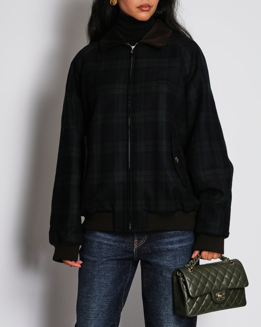 Miu Miu Navy Checkered Plaid Wool Padded Jacket with Logo and Corduroy Collar Detail Size IT 42 (UK 10)