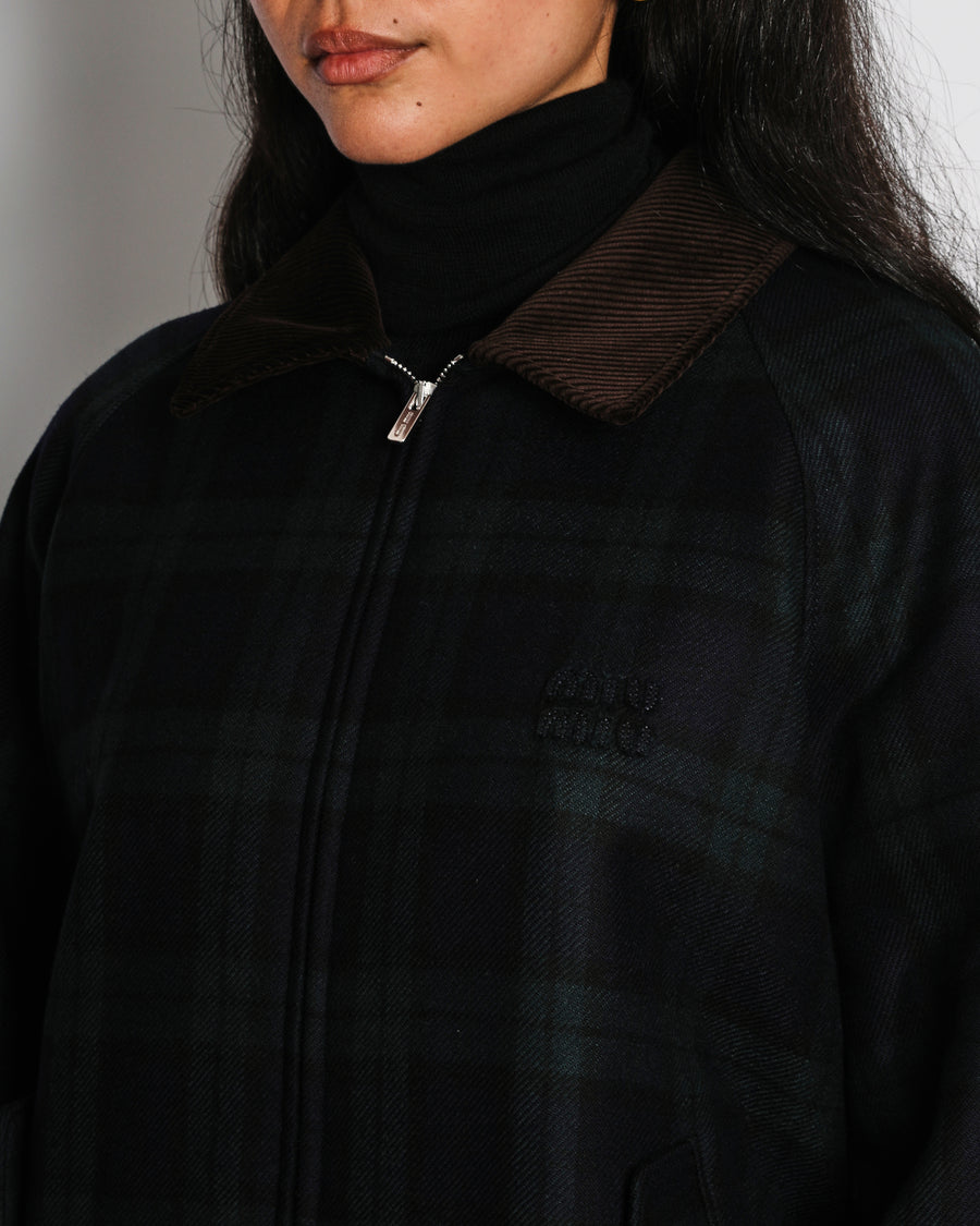 Miu Miu Navy Checkered Plaid Wool Padded Jacket with Logo and Corduroy Collar Detail Size IT 42 (UK 10)