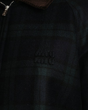 Miu Miu Navy Checkered Plaid Wool Padded Jacket with Logo and Corduroy Collar Detail Size IT 42 (UK 10)