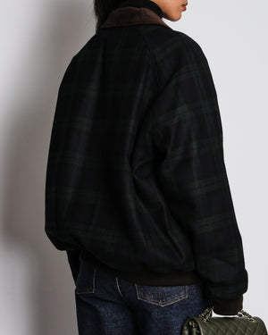 Miu Miu Navy Checkered Plaid Wool Padded Jacket with Logo and Corduroy Collar Detail Size IT 42 (UK 10)