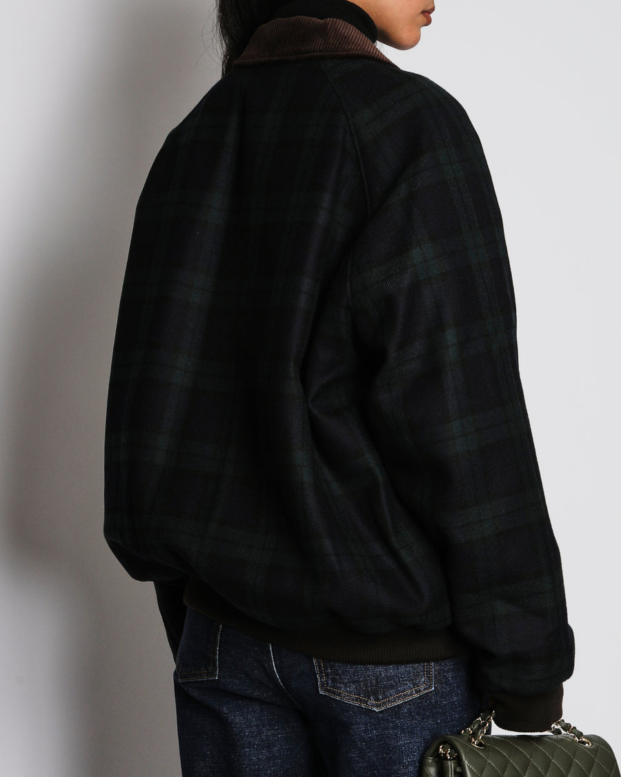 Miu Miu Navy Checkered Plaid Wool Padded Jacket with Logo and Corduroy Collar Detail Size IT 42 (UK 10)