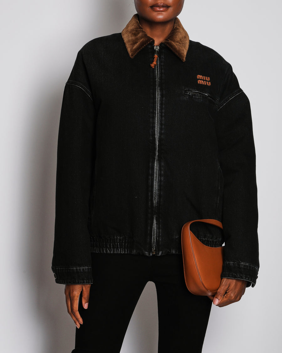 Miu Miu Black Denim Padded Jacket with Leather Logo and Corduroy Collar Detail Size IT 38 (UK 6)