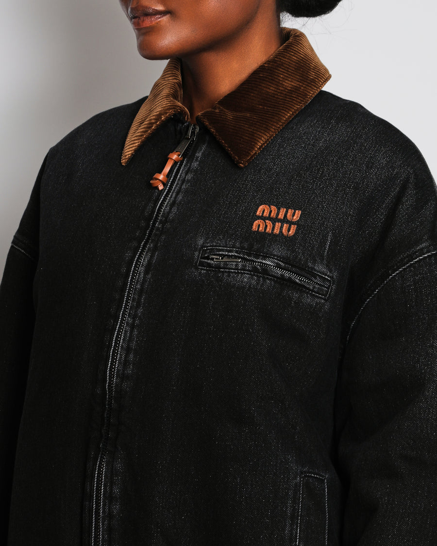 Miu Miu Black Denim Padded Jacket with Leather Logo and Corduroy Collar Detail Size IT 38 (UK 6)