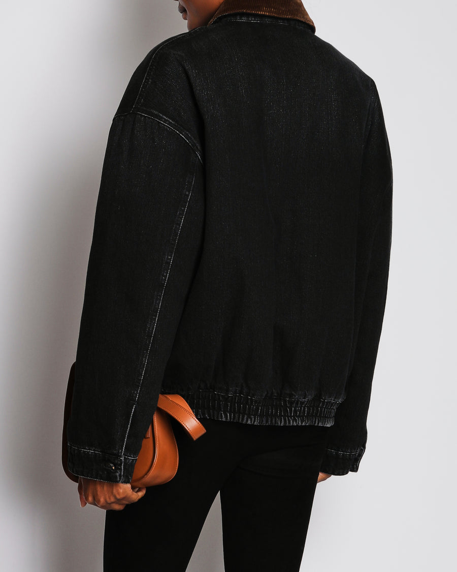 Miu Miu Black Denim Padded Jacket with Leather Logo and Corduroy Collar Detail Size IT 38 (UK 6)