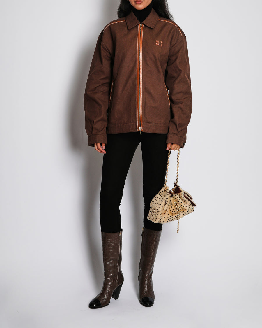 Miu Miu Brown Jacquard Zip Jacket with Logo and Leather Trim Detail Size IT 42 (UK 10)