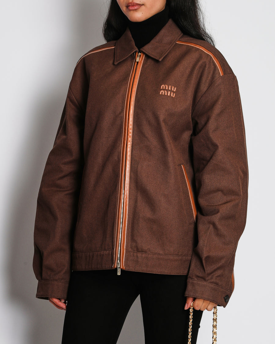 Miu Miu Brown Jacquard Zip Jacket with Logo and Leather Trim Detail Size IT 42 (UK 10)