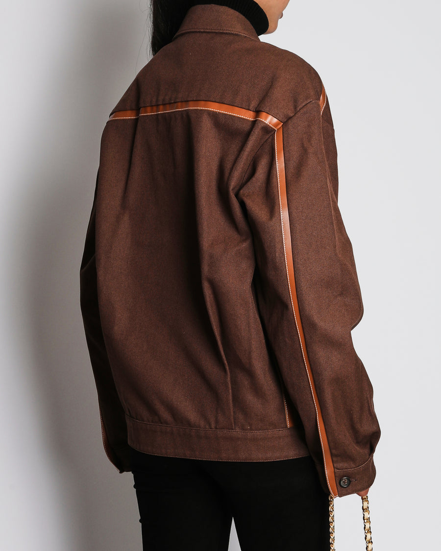 Miu Miu Brown Jacquard Zip Jacket with Logo and Leather Trim Detail Size IT 42 (UK 10)