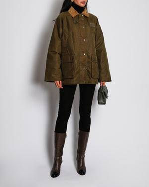 Miu Miu Olive Green Waxed Coated Padded Jacket with Logo and Corduroy Collar Detail Size IT 40 (UK 8)