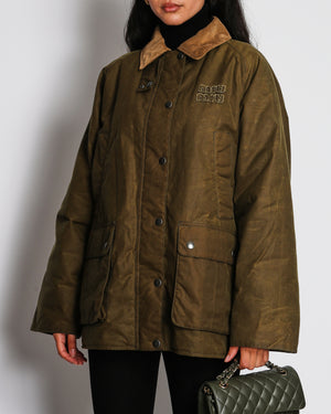 Miu Miu Olive Green Waxed Coated Padded Jacket with Logo and Corduroy Collar Detail Size IT 40 (UK 8)