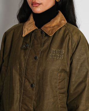 Miu Miu Olive Green Waxed Coated Padded Jacket with Logo and Corduroy Collar Detail Size IT 40 (UK 8)