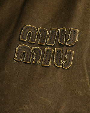 Miu Miu Olive Green Waxed Coated Padded Jacket with Logo and Corduroy Collar Detail Size IT 40 (UK 8)