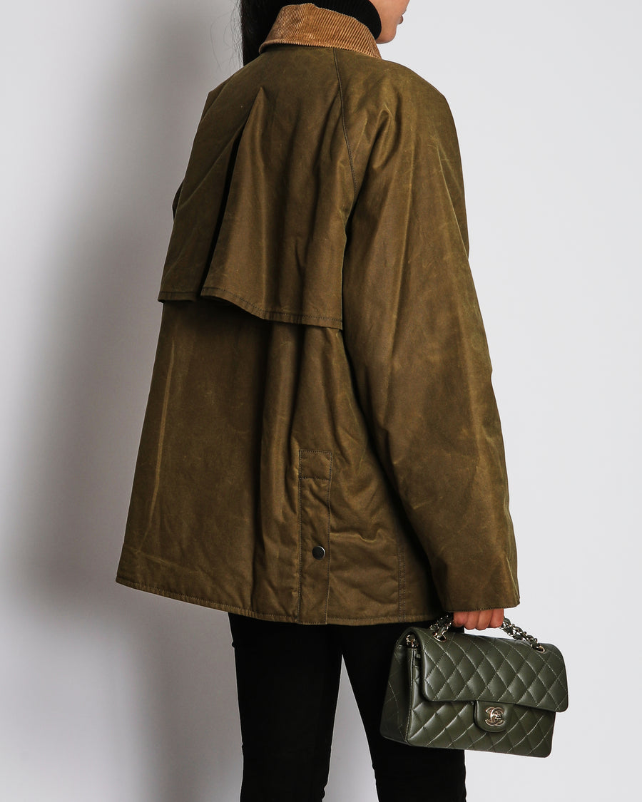 Miu Miu Olive Green Waxed Coated Padded Jacket with Logo and Corduroy Collar Detail Size IT 40 (UK 8)