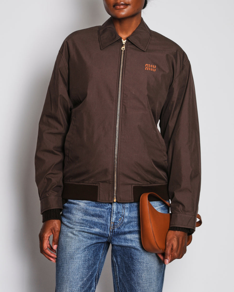 Miu Miu Brown Panama Blouson Jacket with Logo Detail Size IT 38 (UK 6)