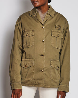 Miu Miu Khaki Button Down Safari Jacket with Logo and Pocket Detail Size IT 40 (UK 8)