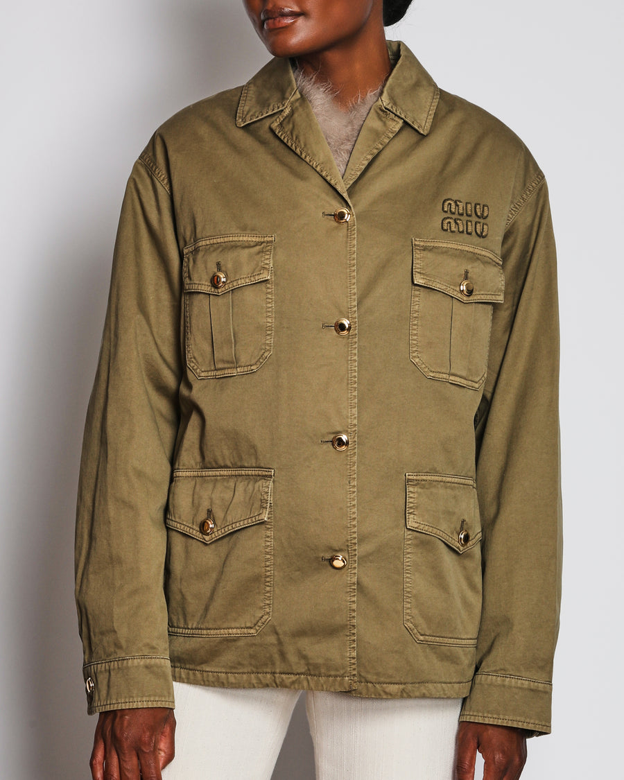 Miu Miu Khaki Button Down Safari Jacket with Logo and Pocket Detail Size IT 40 (UK 8)