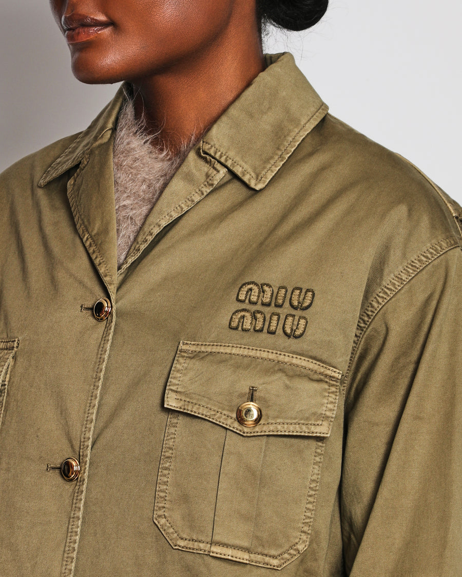 Miu Miu Khaki Button Down Safari Jacket with Logo and Pocket Detail Size IT 40 (UK 8)