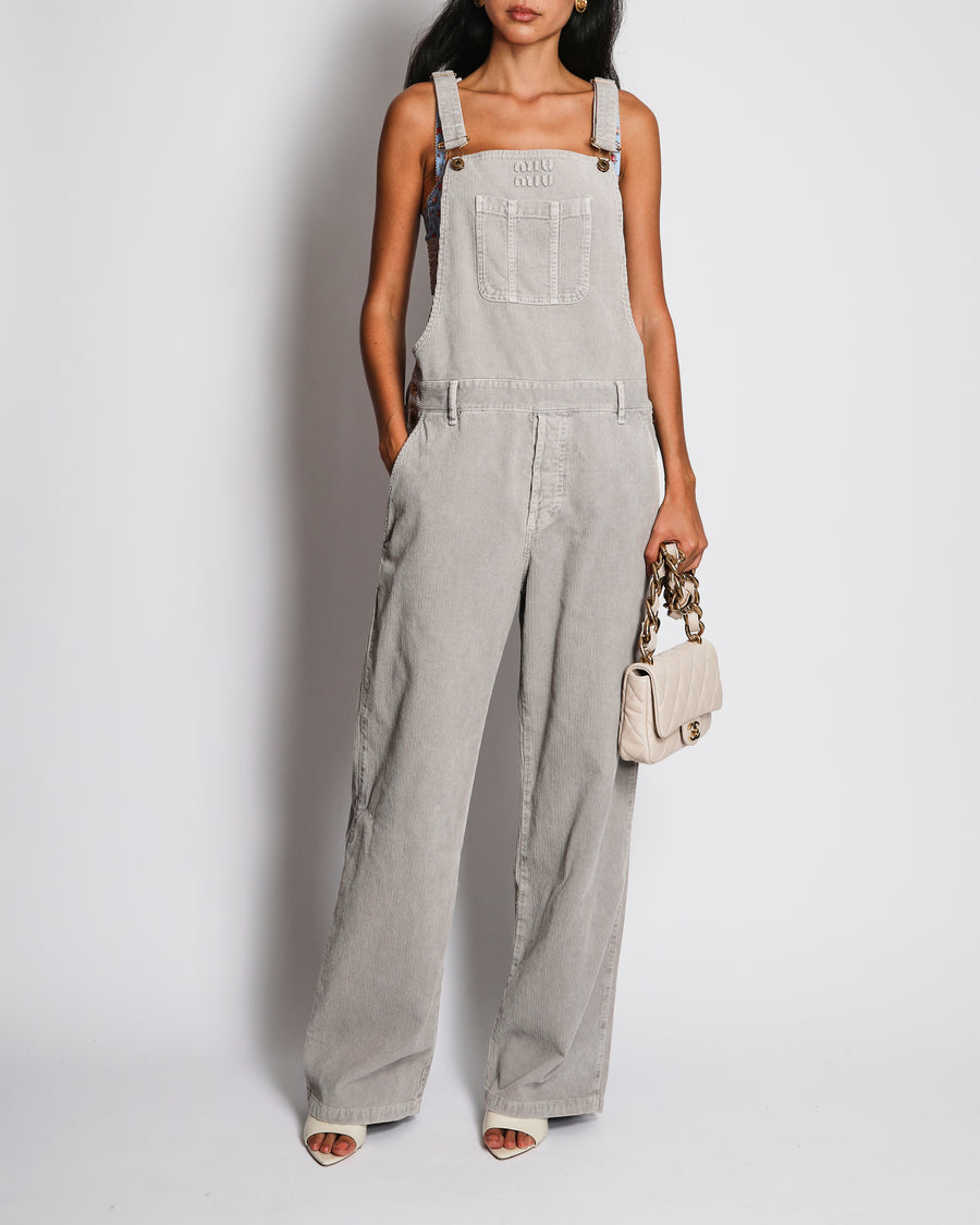 Miu Miu Grey Velvet Corduroy Dungarees with Logo and Pocket Detail Size IT 42 (UK 10)