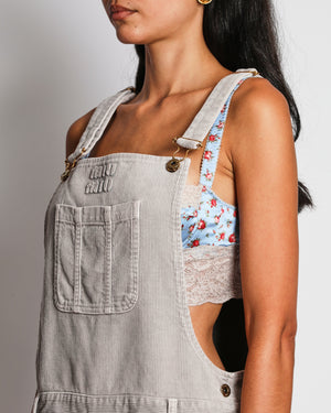 Miu Miu Grey Velvet Corduroy Dungarees with Logo and Pocket Detail Size IT 42 (UK 10)