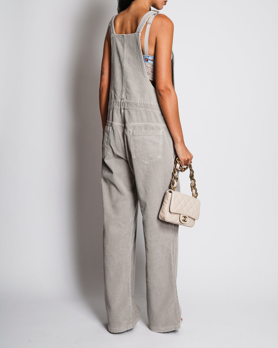 Miu Miu Grey Velvet Corduroy Dungarees with Logo and Pocket Detail Size IT 42 (UK 10)