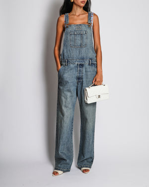 Miu Miu Blue Denim Dungarees with Logo and Leather Pocket Detail Size W28 (UK 10)