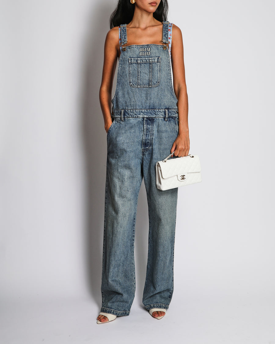 Miu Miu Blue Denim Dungarees with Logo and Leather Pocket Detail Size W28 (UK 10)