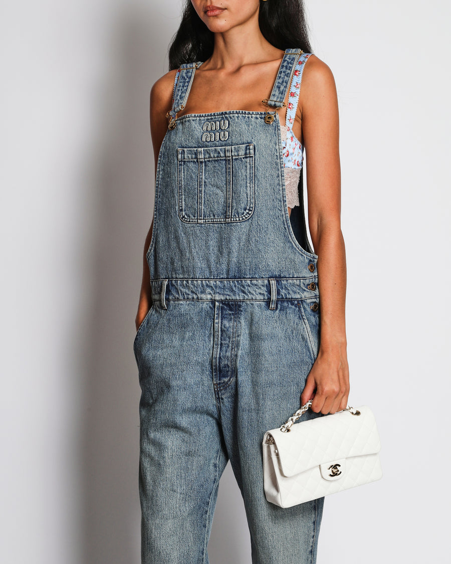 Miu Miu Blue Denim Dungarees with Logo and Leather Pocket Detail Size W28 (UK 10)