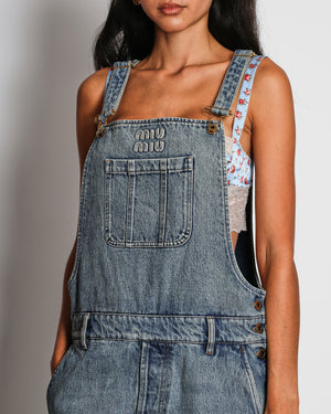 Miu Miu Blue Denim Dungarees with Logo and Leather Pocket Detail Size W28 (UK 10)