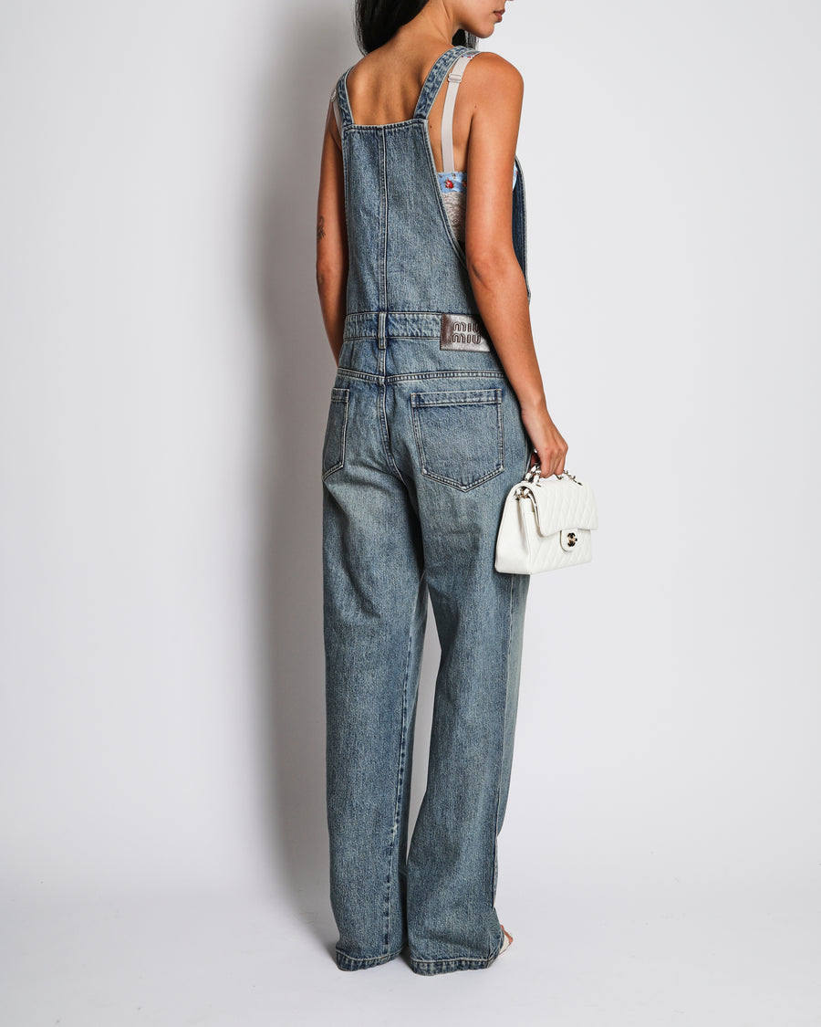 Miu Miu Blue Denim Dungarees with Logo and Leather Pocket Detail Size W28 (UK 10)