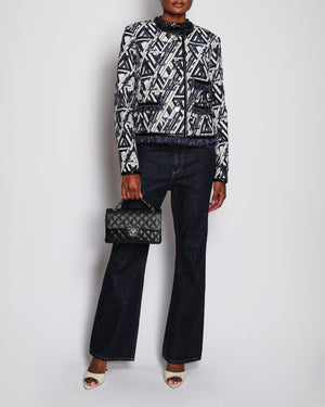 Louis Vuitton White and Blue Collarless Jacket with Tweed Frill Hem Size FR 46 (UK 18)