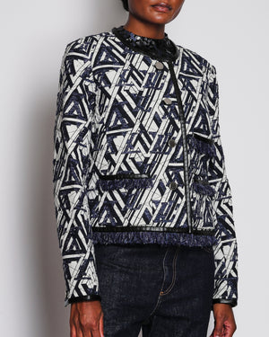 Louis Vuitton White and Blue Collarless Jacket with Tweed Frill Hem Size FR 46 (UK 18)
