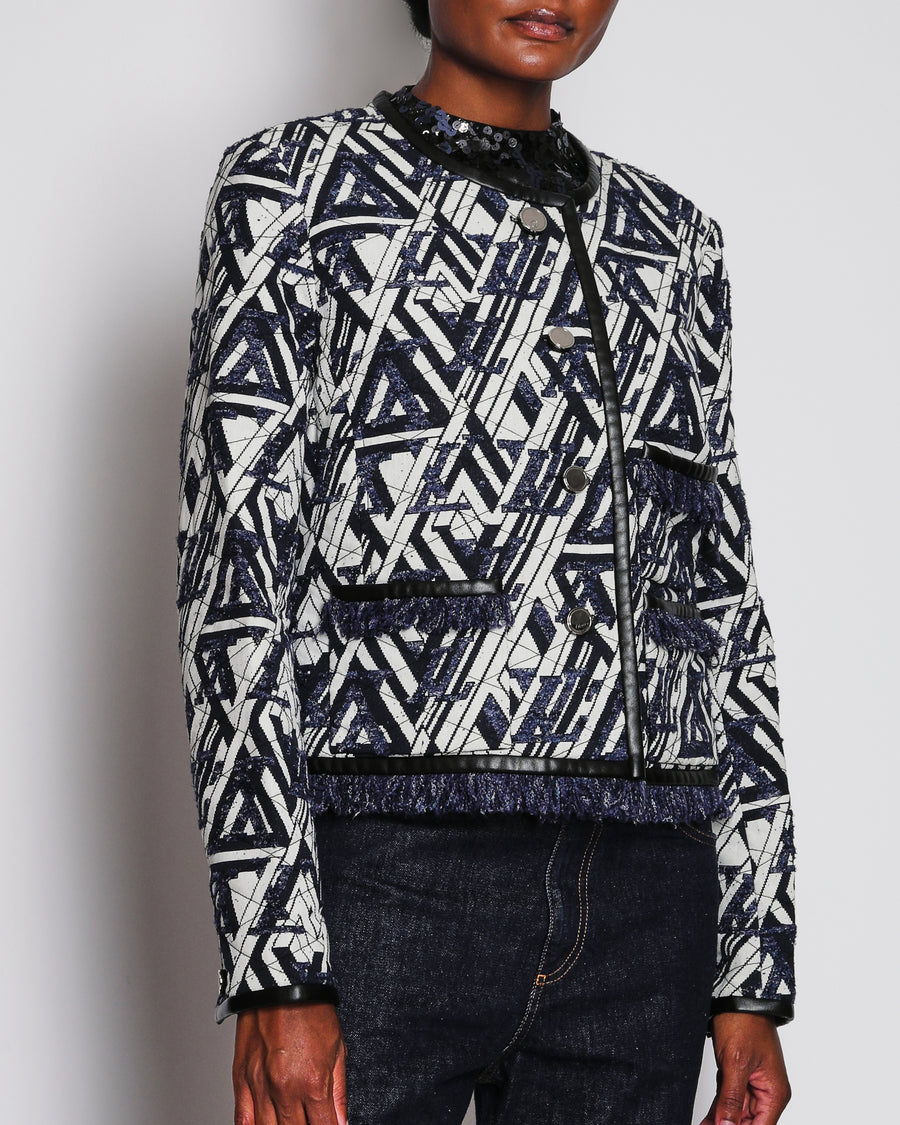 Louis Vuitton White and Blue Collarless Jacket with Tweed Frill Hem Size FR 46 (UK 18)