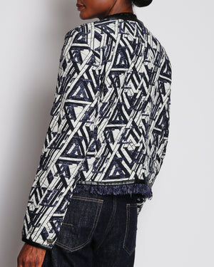Louis Vuitton White and Blue Collarless Jacket with Tweed Frill Hem Size FR 46 (UK 18)