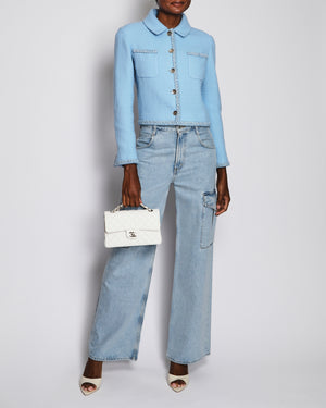 Chanel 25B Baby Blue Tweed Cropped Length Jacket with CC Logo Detail Buttons Size FR 36 (UK 8)