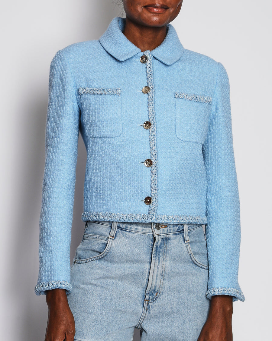 Chanel 25B Baby Blue Tweed Cropped Length Jacket with CC Logo Detail Buttons Size FR 36 (UK 8)