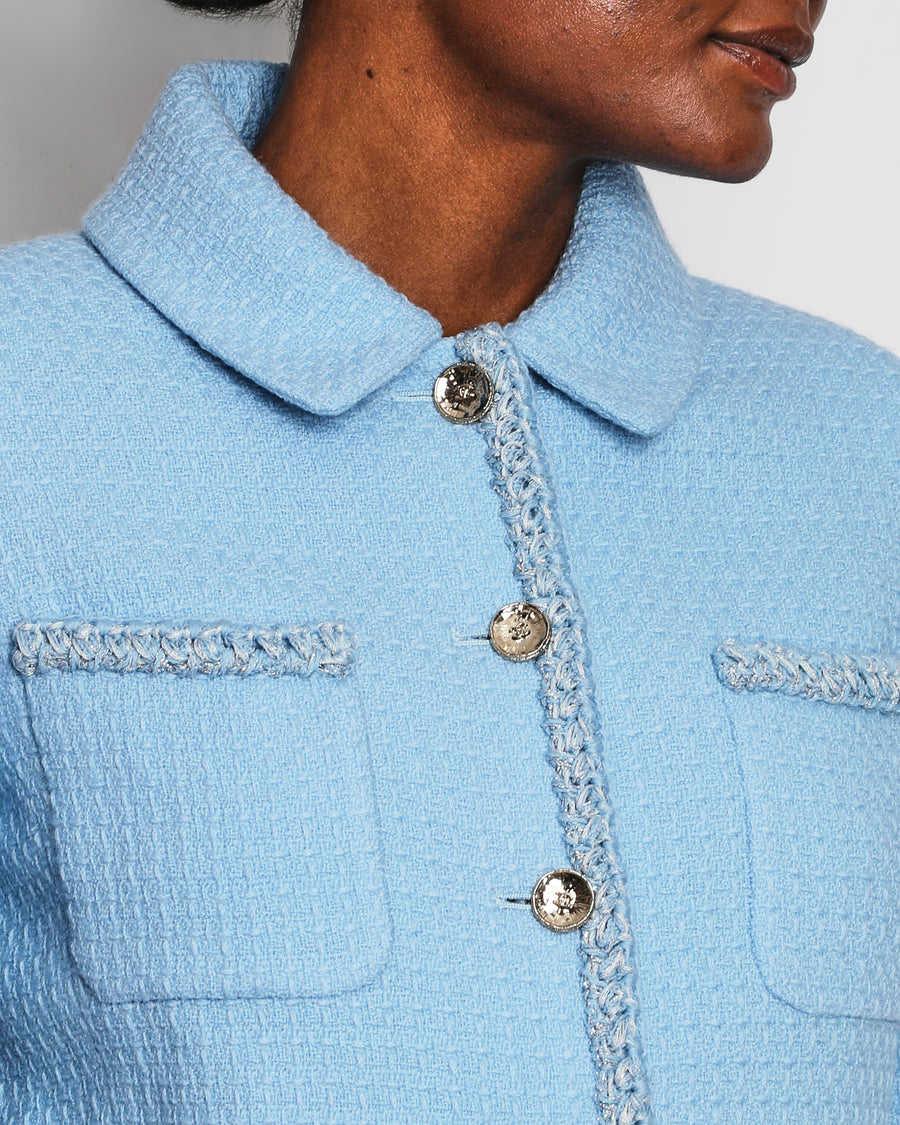 Chanel 25B Baby Blue Tweed Cropped Length Jacket with CC Logo Detail Buttons Size FR 36 (UK 8)