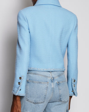 Chanel 25B Baby Blue Tweed Cropped Length Jacket with CC Logo Detail Buttons Size FR 36 (UK 8)