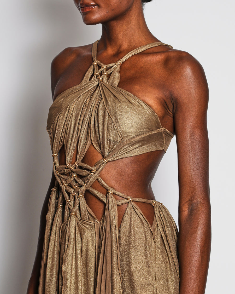 Cult Gaia Gold Silk Alexa Gown with Cut Outs and Ring Details Size XS (UK 6) RRP £1,150