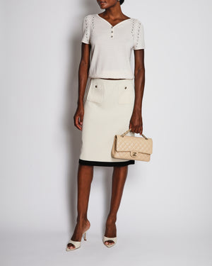 Chanel 20/A Métiers D'Art Ivory Ribbed Midi Skirt with CC Pocket and Trim Detail Size FR 40 (UK 12)