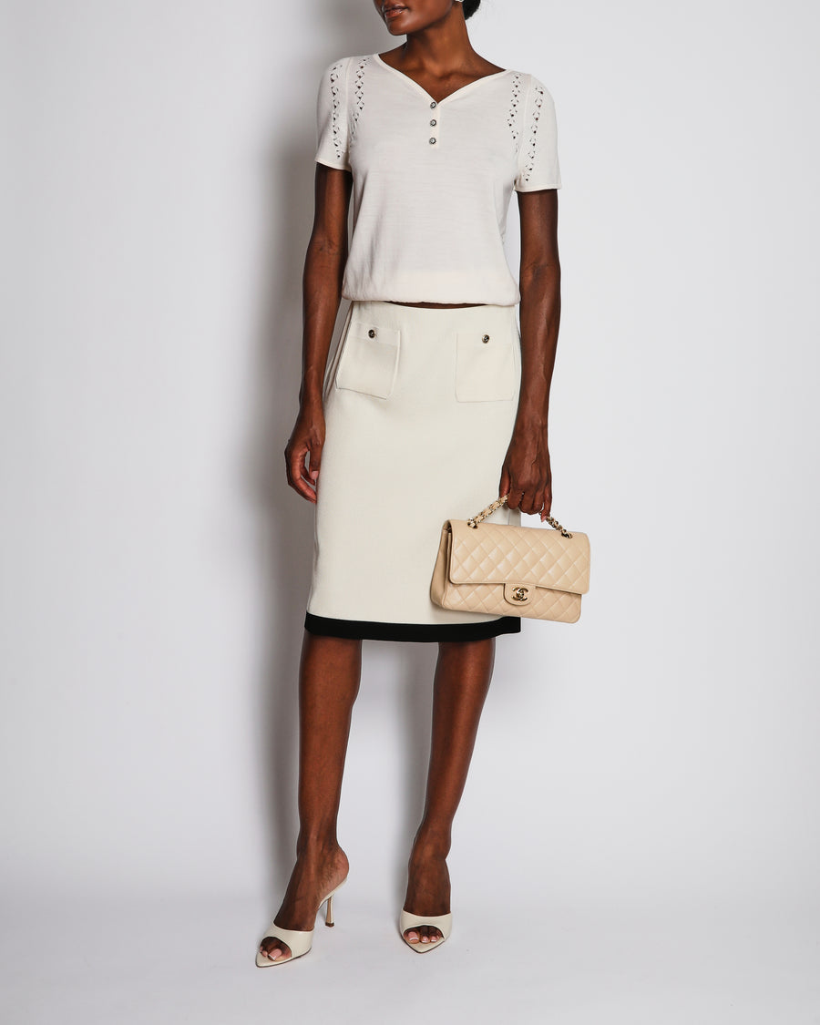 Chanel 20/A Métiers D'Art Ivory Ribbed Midi Skirt with CC Pocket and Trim Detail Size FR 40 (UK 12)