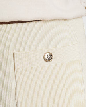 Chanel 20/A Métiers D'Art Ivory Ribbed Midi Skirt with CC Pocket and Trim Detail Size FR 40 (UK 12)