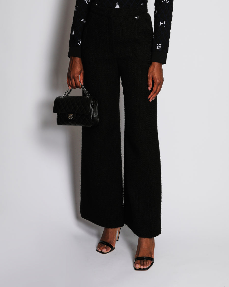 Chanel 19/B Black Tweed High-Waist Wide Leg Trousers Size FR 38 (UK 10)
