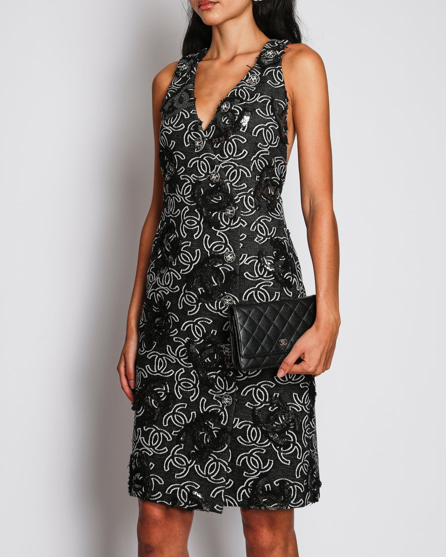 Chanel 22/S Black CC Sequin Knitted Logo Midi Dress with Cross Back Detail Size FR 38 (UK 10)