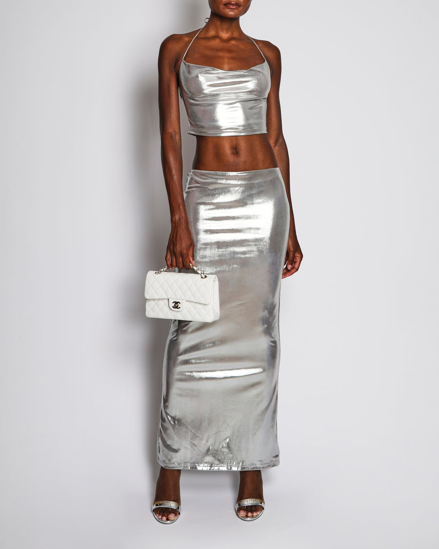 Superdown Silver Metallic Crop Top and Maxi Skirt Set Size XS (UK 6)