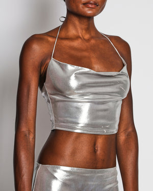 Superdown Silver Metallic Crop Top and Maxi Skirt Set Size XS (UK 6)