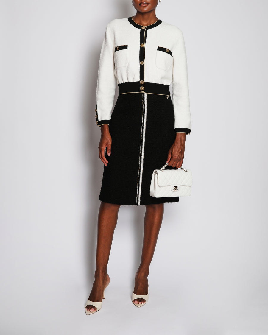 Chanel 20/A Black Tweed Midi Skirt with Knitted Stripe Detail Size FR 38 (UK 10)