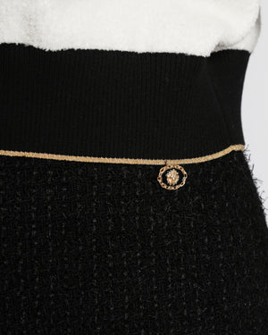 Chanel 20/A Black Tweed Midi Skirt with Knitted Stripe Detail Size FR 38 (UK 10)