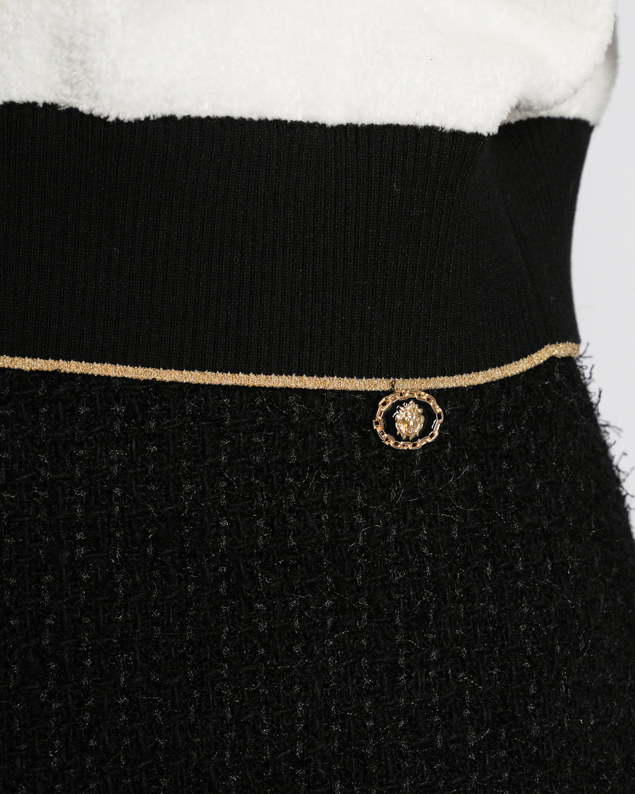 Chanel 20/A Black Tweed Midi Skirt with Knitted Stripe Detail Size FR 38 (UK 10)