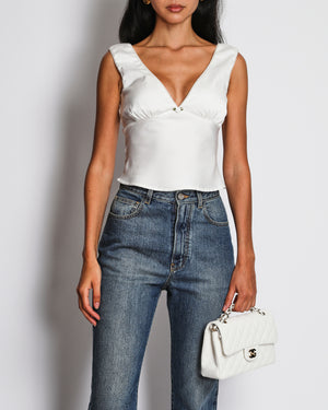Nia White Satin V-Neck Sleeveless Top with Rose Detail Size XS (UK 6)