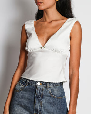 Nia White Satin V-Neck Sleeveless Top with Rose Detail Size XS (UK 6)