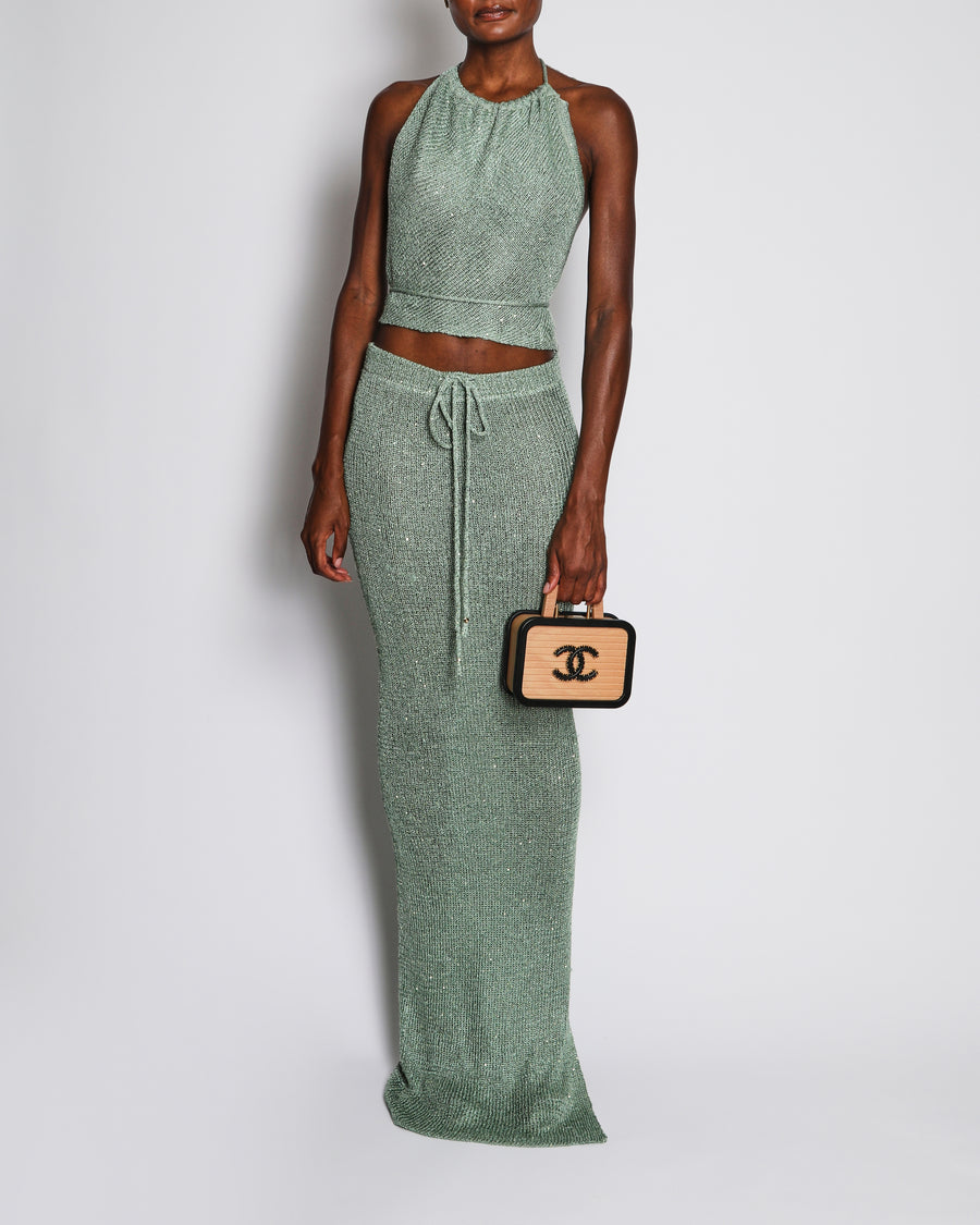 Bananahot Green Knit Crop Top and Maxi Skirt Set with Sequin Embellishments Size XS-S (UK 6-8)